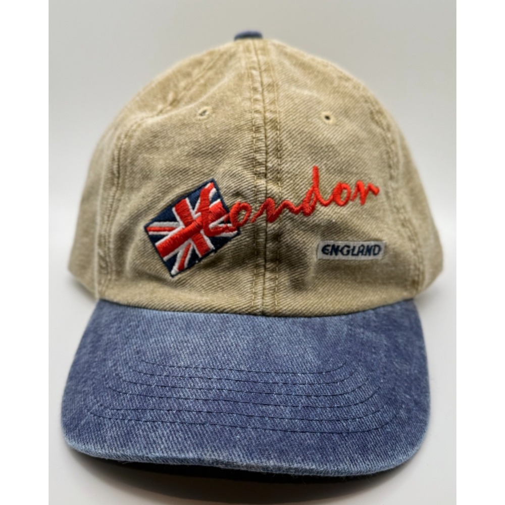 LONDON ENGLAND Vintage Style Hat Tan Blue Denim Brim Adjustable Cap British Flag